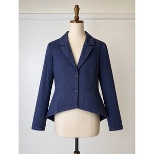 Peruvian Connection Size 14 Navy Blue 100% Cotton Peplum Blazer Preppy Luxury